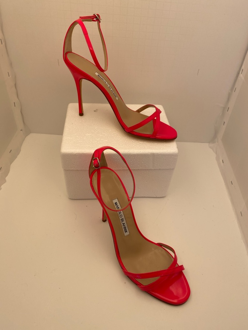 Manolo Blahnik Neon Pink Patent Ankle-Strap Stiletto Sandals